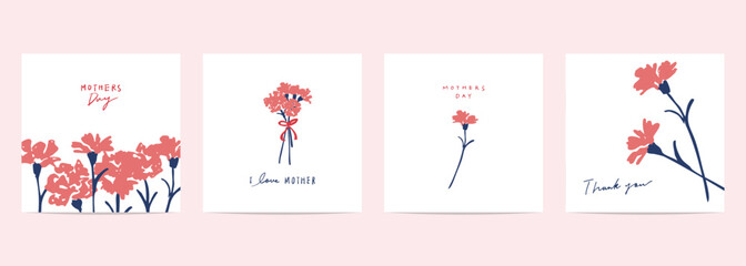 母の日のカーネーションイラスト。母の日のカードテンプレート。カーネーションのベクターイラスト。Mother's day carnation illustration. Mother's day card template. Carnation vector illustration. - obrazy, fototapety, plakaty