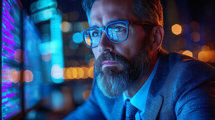 Serious businessman analyzing data on multiple screens