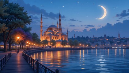 Obraz premium Serene Mosque by Moonlight on the Riverbank. Generative Ai