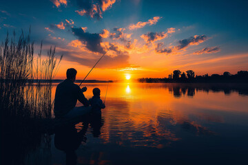 Father and child fishing silhouetted by vibrant sunset, creating memorable bonding moment.