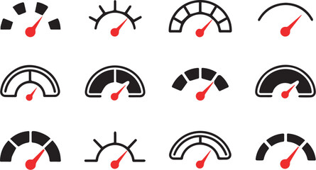 Collection of various speedometer icons in red and black