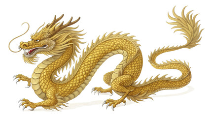Elegant dragon in mid-flight, shimmering gold scales, intense gaze, white background