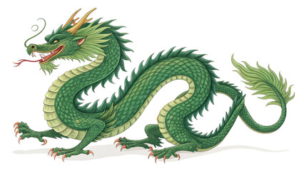 Fototapeta premium Powerful dragon with outstretched wings, ornate green scales, isolated on a white background