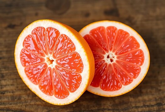 Two juicy grapefruit halves, segmented and glistening, rest on a rustic wooden table,  morning, vitamin c