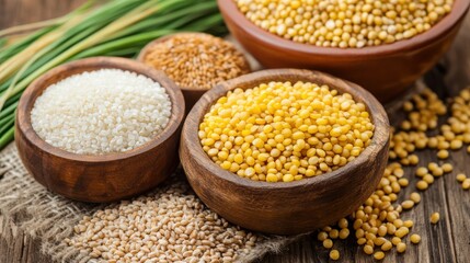 Assorted Grains and Seeds in Rustic Bowls on Wooden Background with Fresh Greenery for Culinary and Health Themes