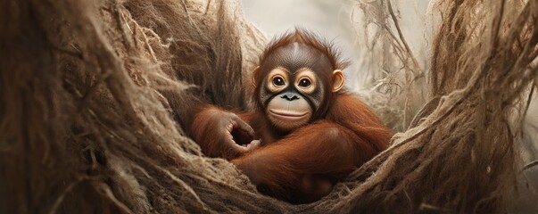 An adorable orangutan cub is resting in a nest made of fibers