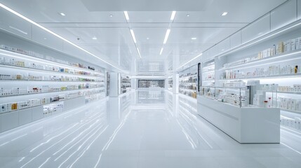 Pristine drugstore aisle view, extensive medicine shelves stretching into distance, professional pharmaceutical display, sterile white interior, orderly arranged products, cool-toned commercial