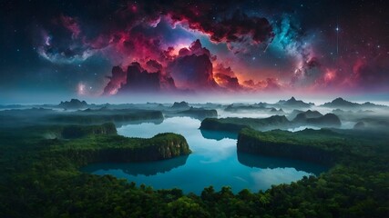 Starlit Archipelago: A Dance of Floating Islands in a Nebula Dream