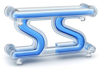 A transparent glass structure filled with blue liquid is depicted