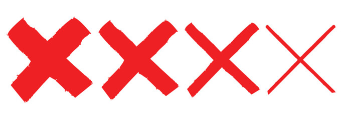 Set of hand drawn X marks in brush stroke. Grunge hand drawn strokes x sign. Hand drawn dirty grunge brush cross mark wrong symbol graphic design collection. Vector set of red hand-painted Wrong icons