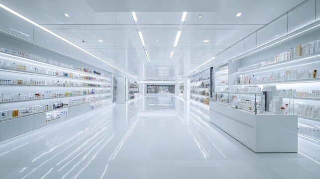 Pristine drugstore aisle view, extensive medicine shelves stretching into distance, professional pharmaceutical display, sterile white interior, orderly arranged products, cool-toned commercial