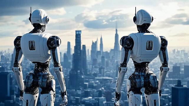 Two White Futuristic Robots Overlooking a Modern Urban City Skyline Under a Cloudy Sky with a View of Skyscrapers Reflecting Technological Advancements and AI