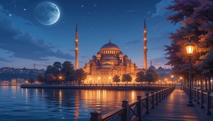 Fototapeta premium Serene Mosque by Moonlight on the Riverbank. Generative Ai