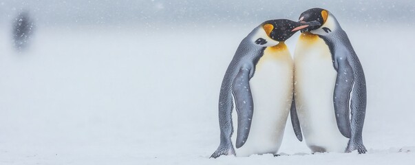 Fototapeta premium Two emperor penguins in the snow interacting with each other