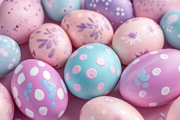 Fototapeta premium Pastel Easter Eggs with Decorative Patterns on Soft Pink Background