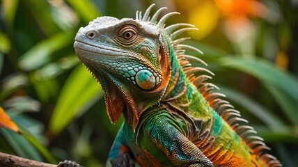 Obraz premium Iguana with Green and Orange Hues in Blooming Garden