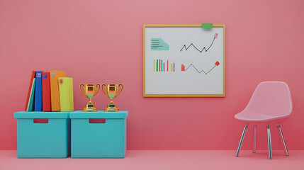 Office Presentation Scene: Whiteboard with Charts, Chairs, and Trophy
