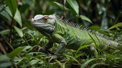 Obraz premium Baby Iguana Blending with Green Vegetation in Forest