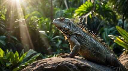 Obraz premium Iguana with Sail-Like Crest on Sunlit Rock