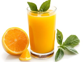 Fototapeta premium A refreshing glass of orange juice isolated on a white background for healthy beverage and nutrition photography