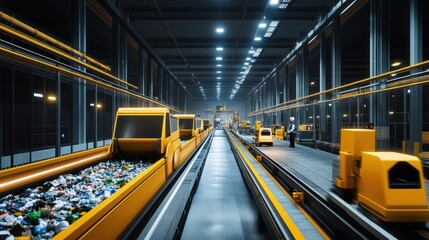 Automated Recycling Facility.  Modern, automated recycling plant with conveyor belts and robotic systems.  Waste materials are sorted and processed efficiently. 