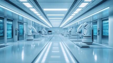 Fototapeta premium Immaculate semiconductor fabrication facility interior, multiple articulated robotic arms working in synchronized motion, wraparound digital control interfaces with real-time data, volumetric