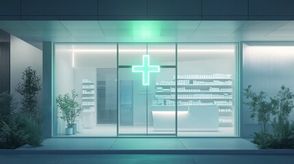 Modern pharmacy storefront with seamless glass facade, illuminated cross sign glowing in soft green, floating product categories and navigation menu in minimalist design, clean white medical interior