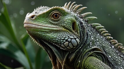 Obraz premium Close-Up of Iguana Scales with Dew Droplets
