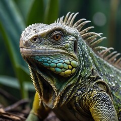 Obraz premium Iguana Scales in Morning Mist of Jungle