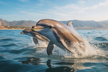 A dolphin leaping out of the ocean. Dolphins leaps and plays in the ocean waves
