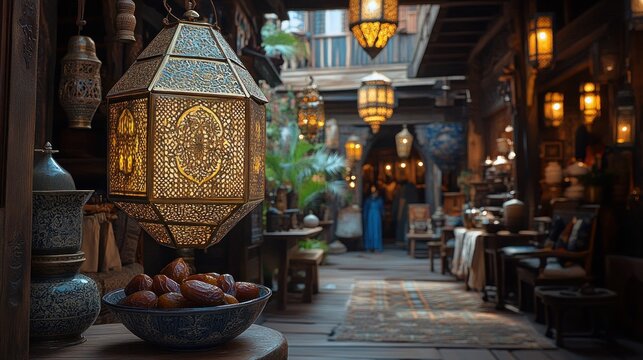 Ornate lanterns illuminate a dimly lit courtyard with antique furnishings and dates