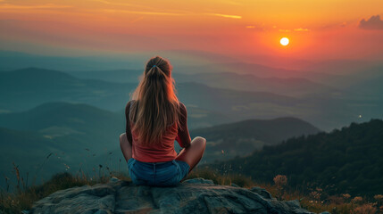 woman meditating on the mountains on the sunrise