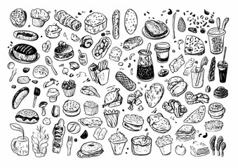 Food Doodle Collection: An extensive hand-drawn collection of diverse food items, showcasing a variety of culinary delights from around the world, all in a charming doodle style.