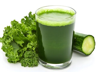 Freshly made glass of green juice with nutrient-rich ingredients on a bright white background for healthy living