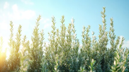Fresh Green Rosemary Bush in Morning Sunlight with Clear Blue Sky