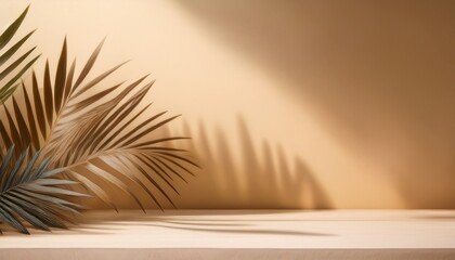 minimalistic abstract summer background with blurred shadows of palm leaves on beige tan wall for product presentation