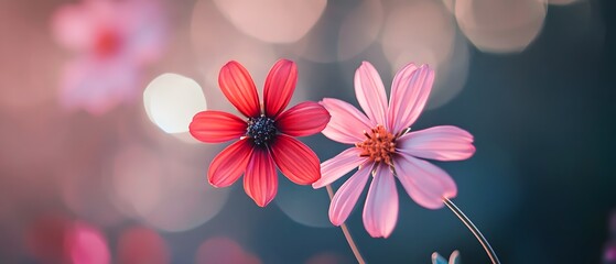 Obraz premium Vibrant blooming flowers in pink and red hues amid a soft blurred background with a dreamy serene atmosphere The delicate petals and elegant floral design create a beautiful