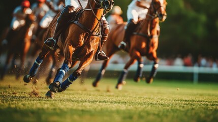 Exciting Polo Match Action with Horses Galloping Across Sunny Green Field Under Bright Blue Sky