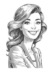 Dazzling woman smiling over shoulder, confidence and charm. Black and white image, vector.