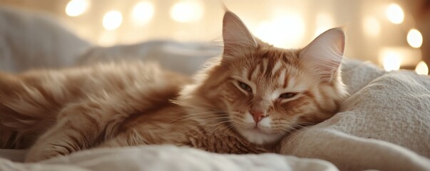 Obraz premium A beautiful ginger cat relaxing peacefully on soft bedding