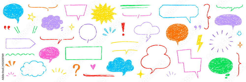 Poster Crayon speech bubble text frame dialog balloon hand drawn set. Crayon chalk doodle talk speech bubble frame. Hand drawn chalk dialog balloon, children color doodle text cloud. Vector illustration.