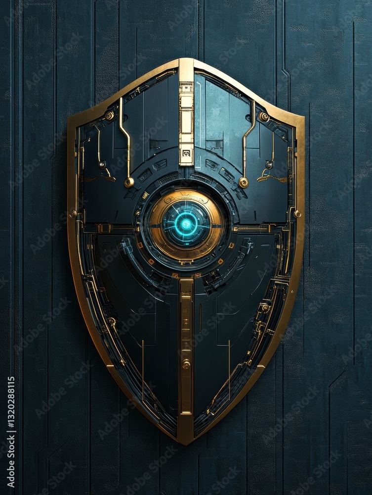 Aufkleber Shield design featuring cybernetic patterns and a robotic eye for cybersecurity applications in a futuristic context