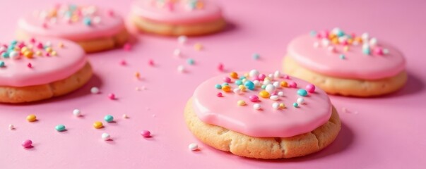 Delicate pink sugar cookies, festive sprinkles, pink background, decorated, pastel, holiday
