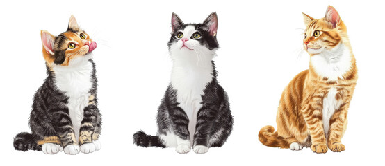 three cute kittens sitting on transparent background