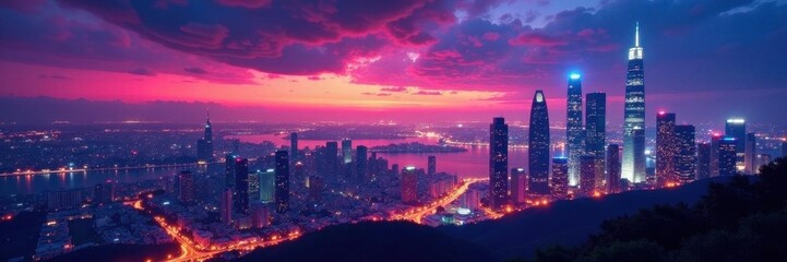 Gleaming skyscrapers pierce a vibrant night sky , steel, downtown, perspective