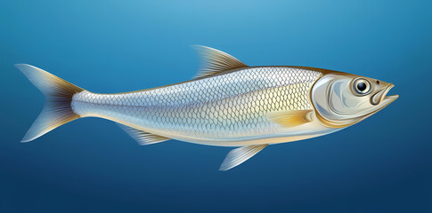 Silent Swimmer: A meticulously detailed illustration of a silvery fish glides through azure depths, its sleek form reflecting the cool tones of the water around it.