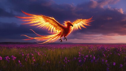 A glowing phoenix soaring above a field of violet flowers