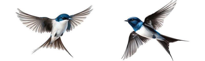two blue and white birds in flight on transparent background