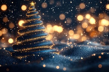 Shimmering Abstract Christmas Tree with Gold and Blue Spirals and Warm Bokeh Lights