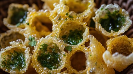 Crispy Golden Snacks with Green Herbal Sauce in a Rustic Basket for Gourmet Food Presentation